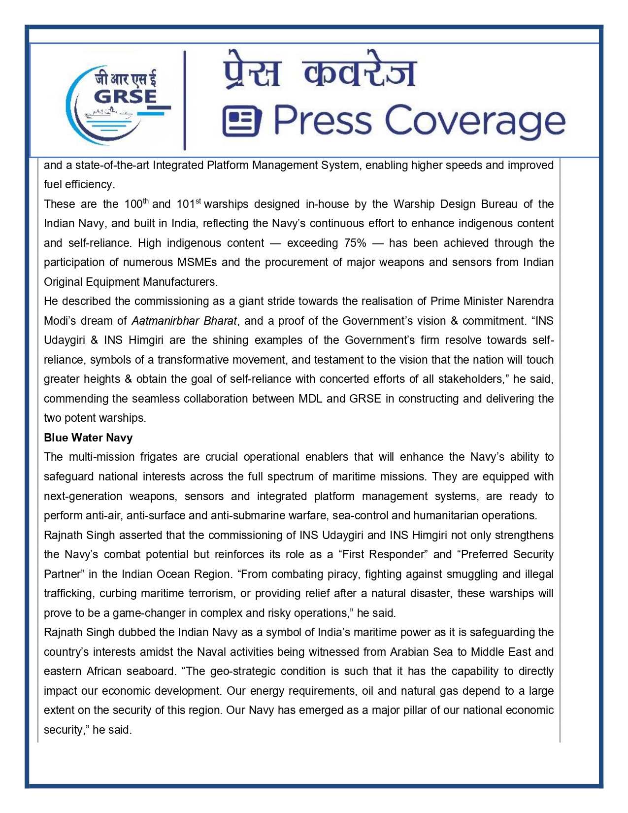 Press Coverage : 27 Aug 25:Defence Ministers commissions two multi-mission stealth frigates, INS Udaygiri and INS Himigiri